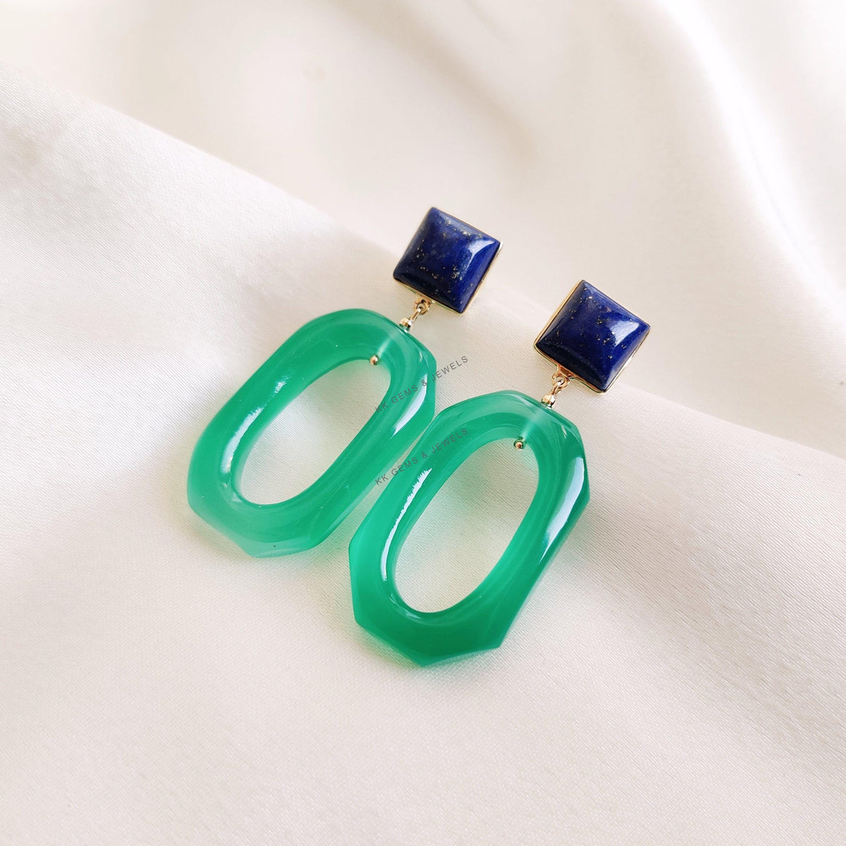 14K Solid Gold Natural Lapis Lazuli & Green Onyx Gemstone Earrings, Christmas Present