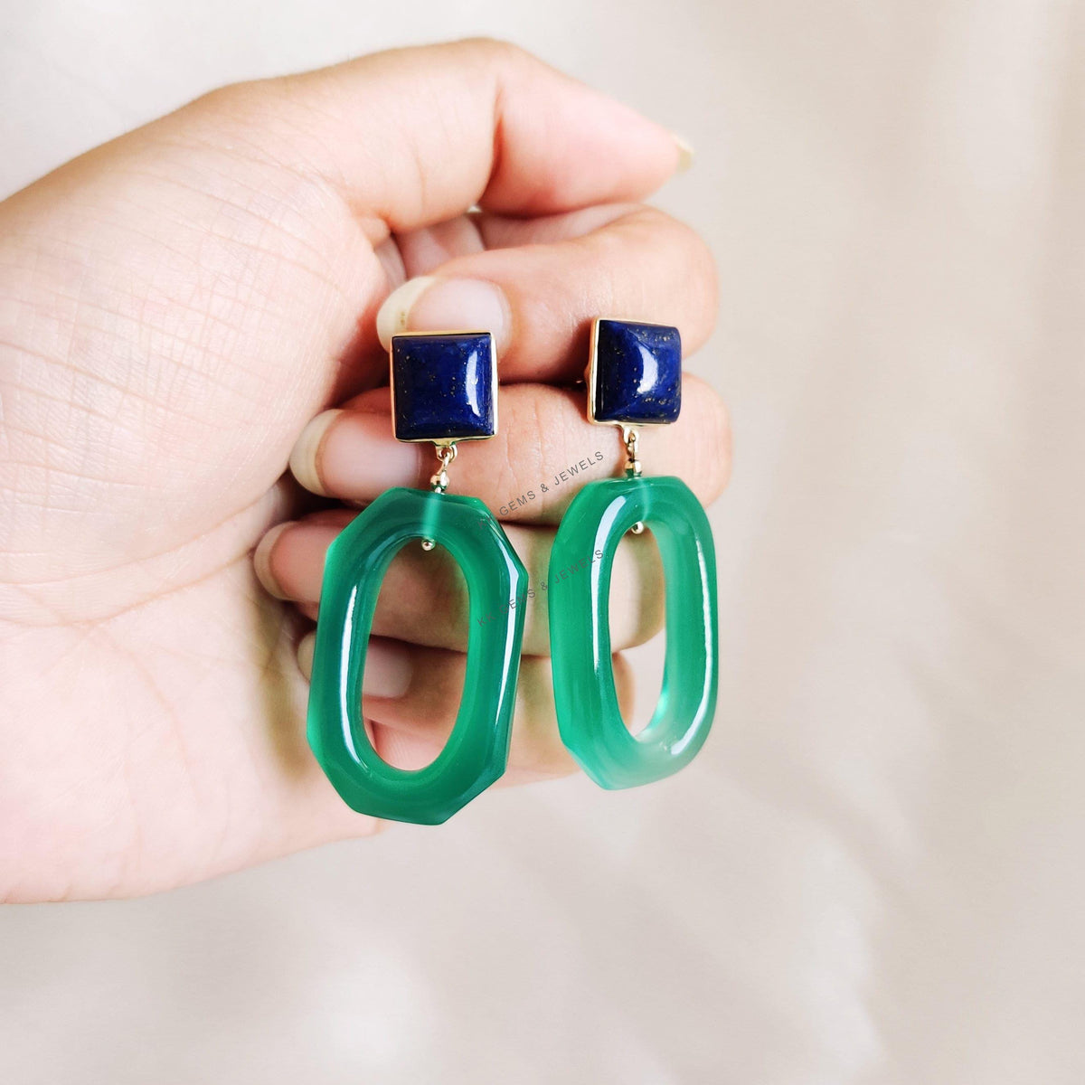 14K Solid Gold Natural Lapis Lazuli & Green Onyx Gemstone Earrings, Christmas Present