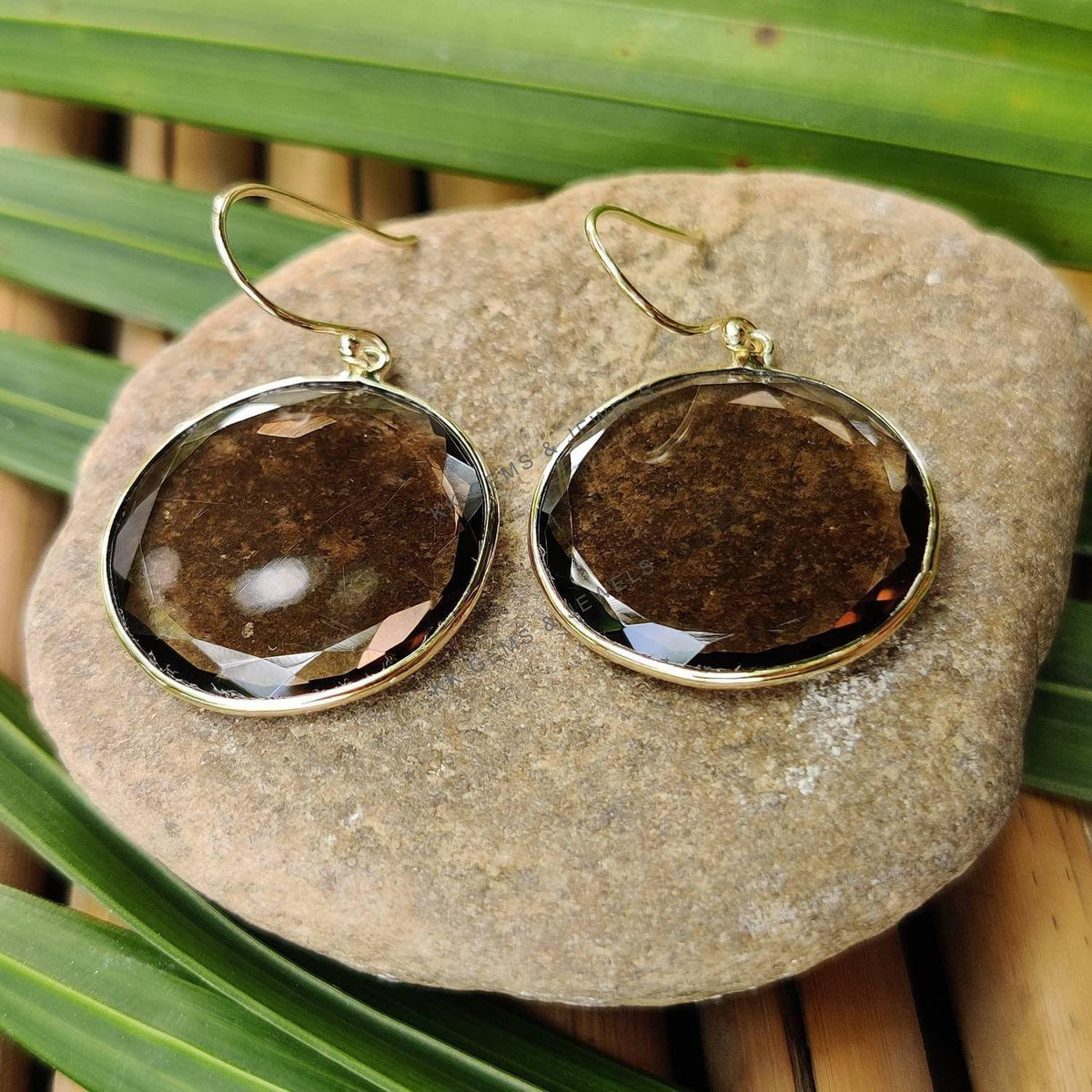 14K Solid Gold Natural Smoky Quartz Earrings, Round Bezel Drop Earrings