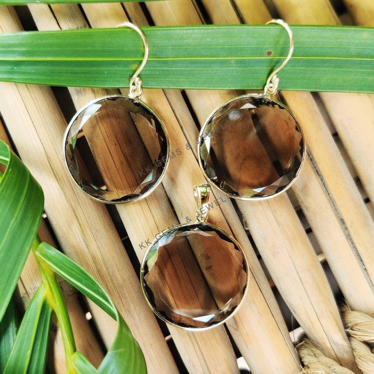 14K Solid Gold Natural Smoky Quartz Earrings, Round Bezel Drop Earrings