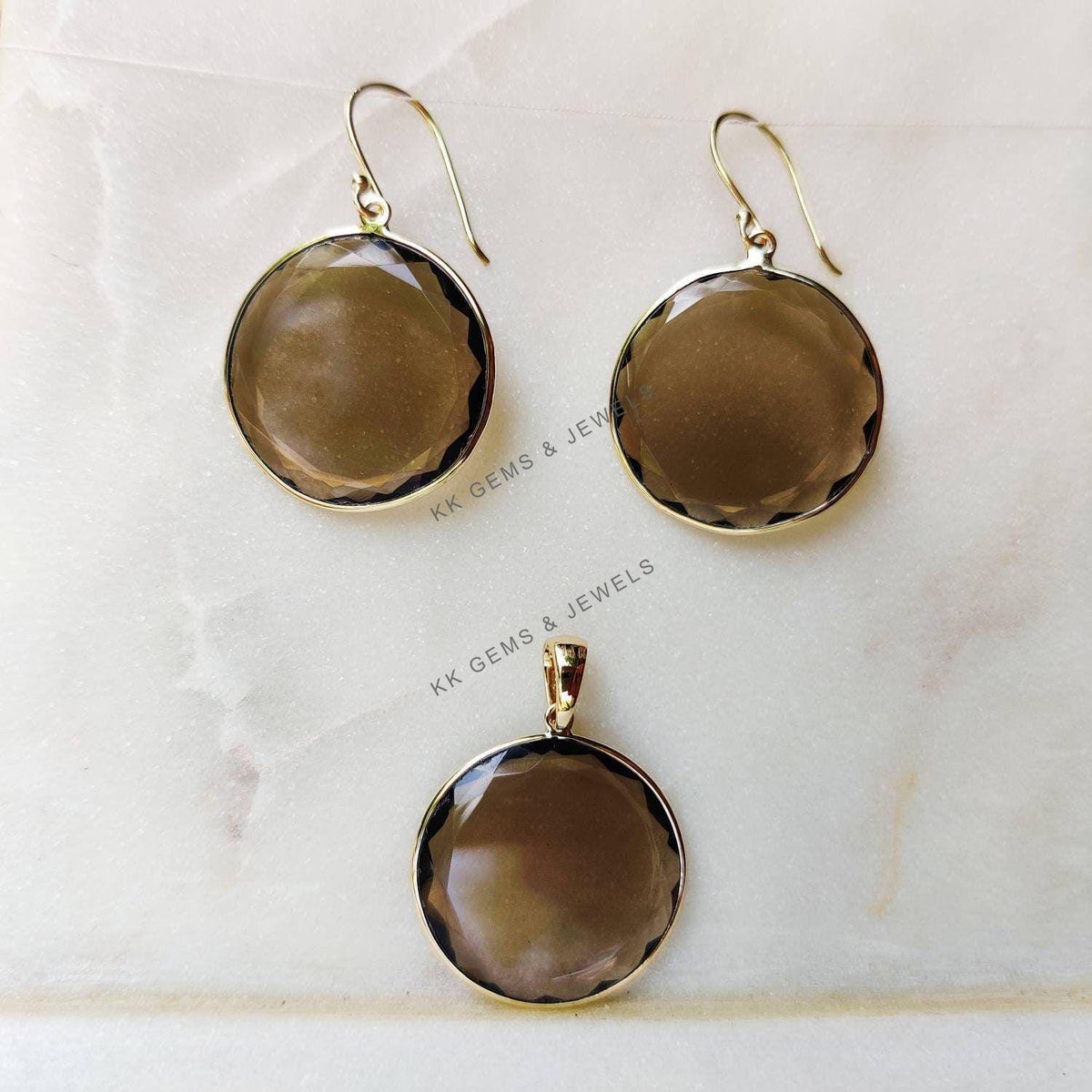 14K Solid Gold Natural Smoky Quartz Earrings, Round Bezel Drop Earrings