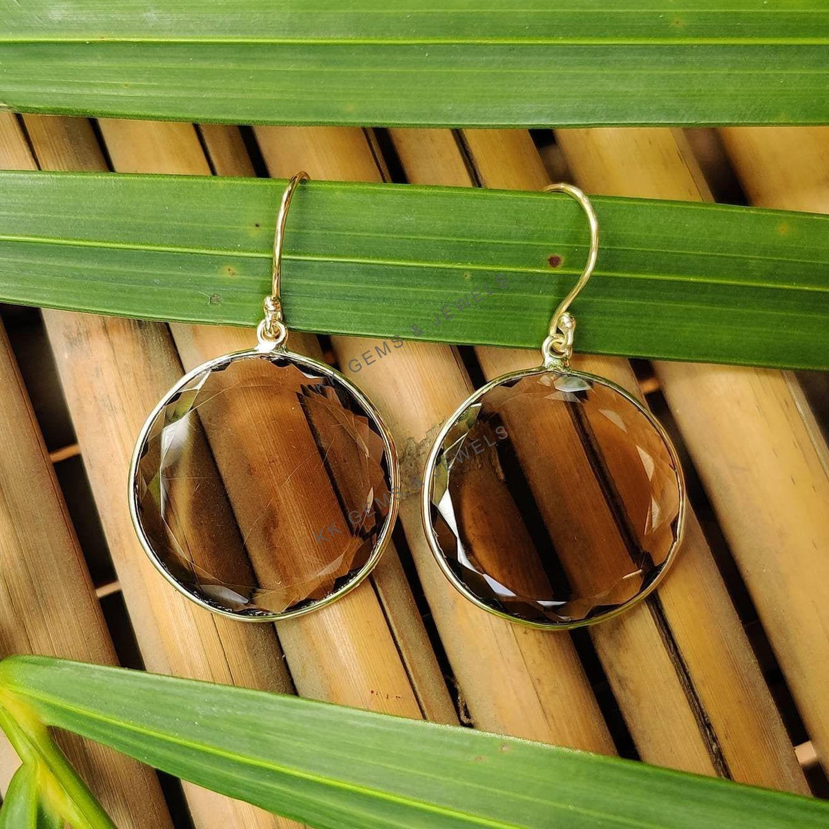 14K Solid Gold Natural Smoky Quartz Earrings, Round Bezel Drop Earrings