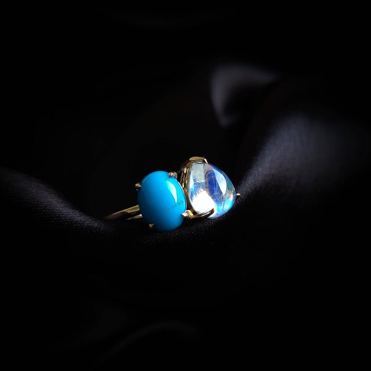 Natural Turquoise & Rainbow Moonstone Ring, 14K Solid Yellow Gold Toi et Moi Ring