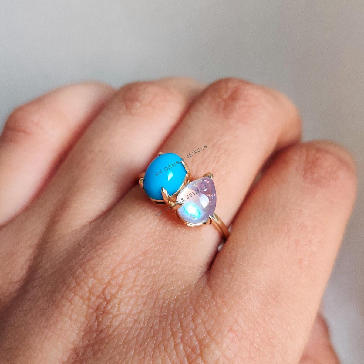 Natural Turquoise & Rainbow Moonstone Ring, 14K Solid Yellow Gold Toi et Moi Ring