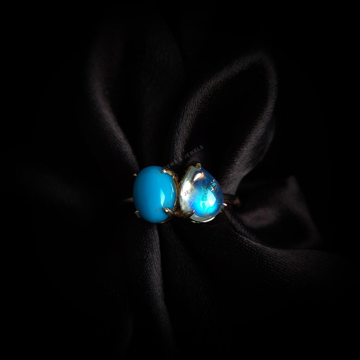 Natural Turquoise & Rainbow Moonstone Ring, 14K Solid Yellow Gold Toi et Moi Ring