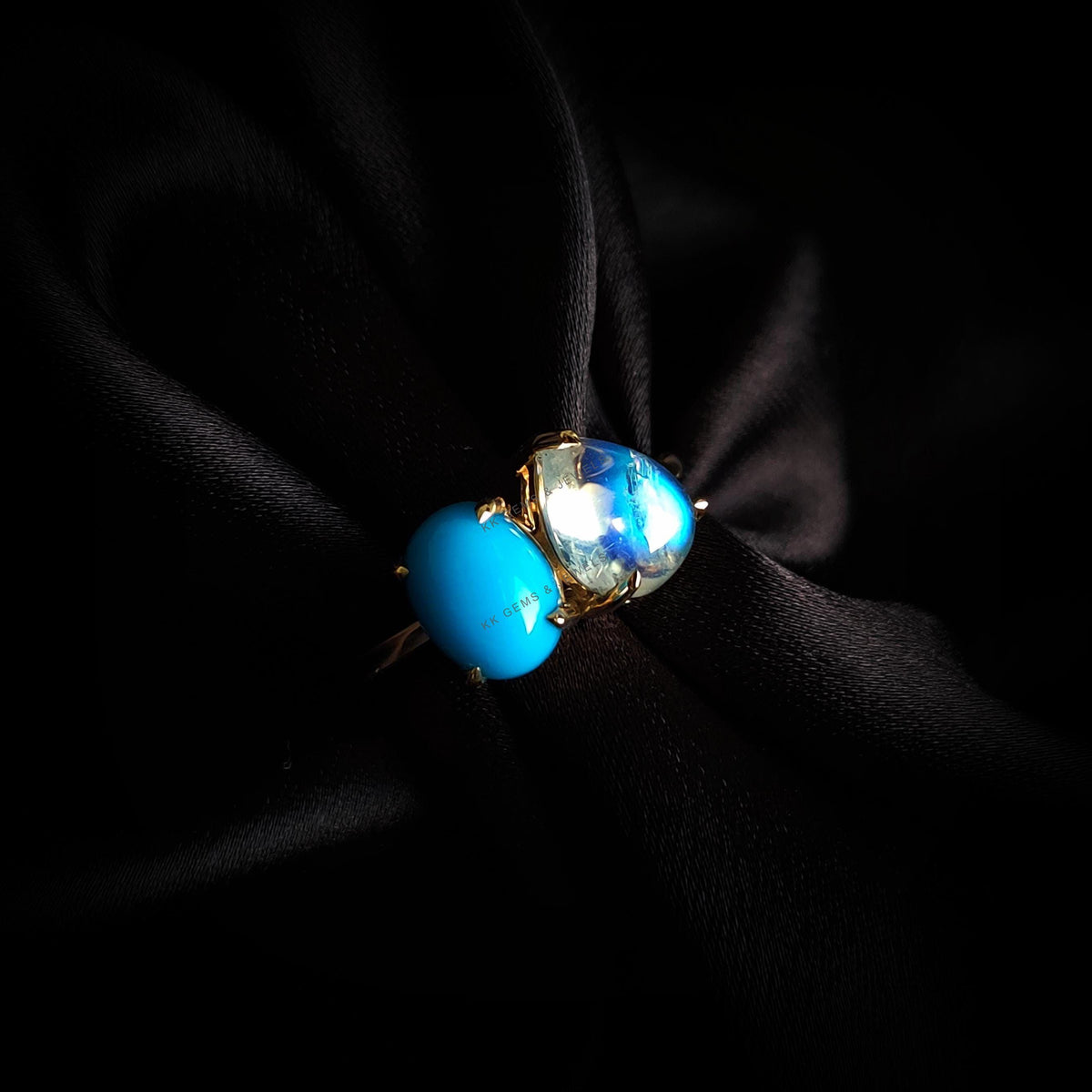 Natural Turquoise & Rainbow Moonstone Ring, 14K Solid Yellow Gold Toi et Moi Ring