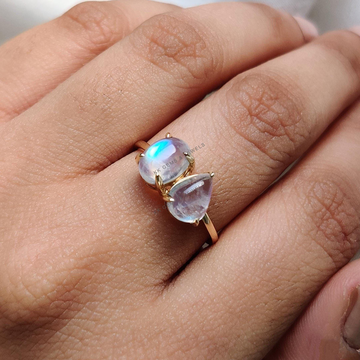 Natural Rainbow Moonstone Ring, 14K Solid Yellow Gold, June Birthstone