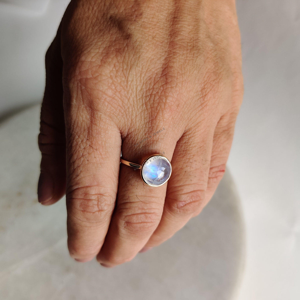14K Solid Yellow Gold Natural Rainbow Moonstone Ring, June Birthstone