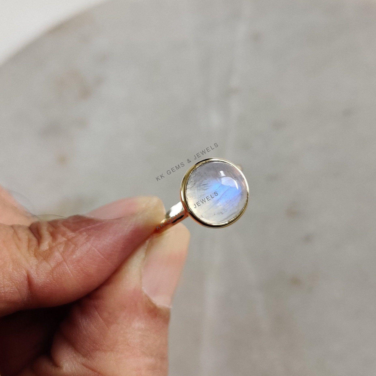 14K Solid Yellow Gold Natural Rainbow Moonstone Ring, June Birthstone