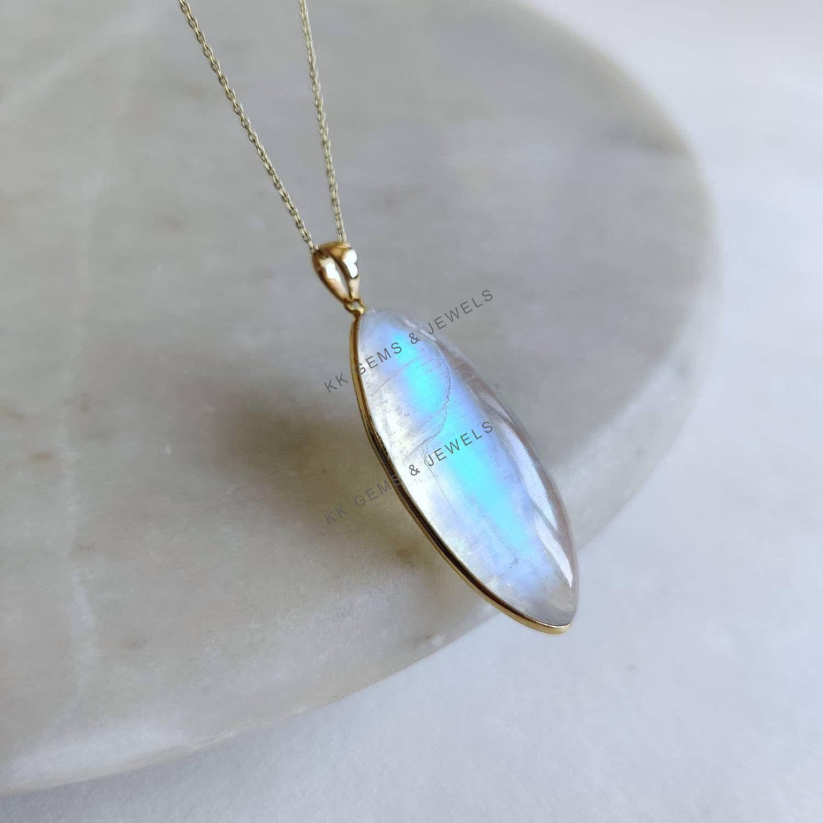 Natural Rainbow Moonstone Pendant, 14K Solid Yellow Gold, June Birthstone