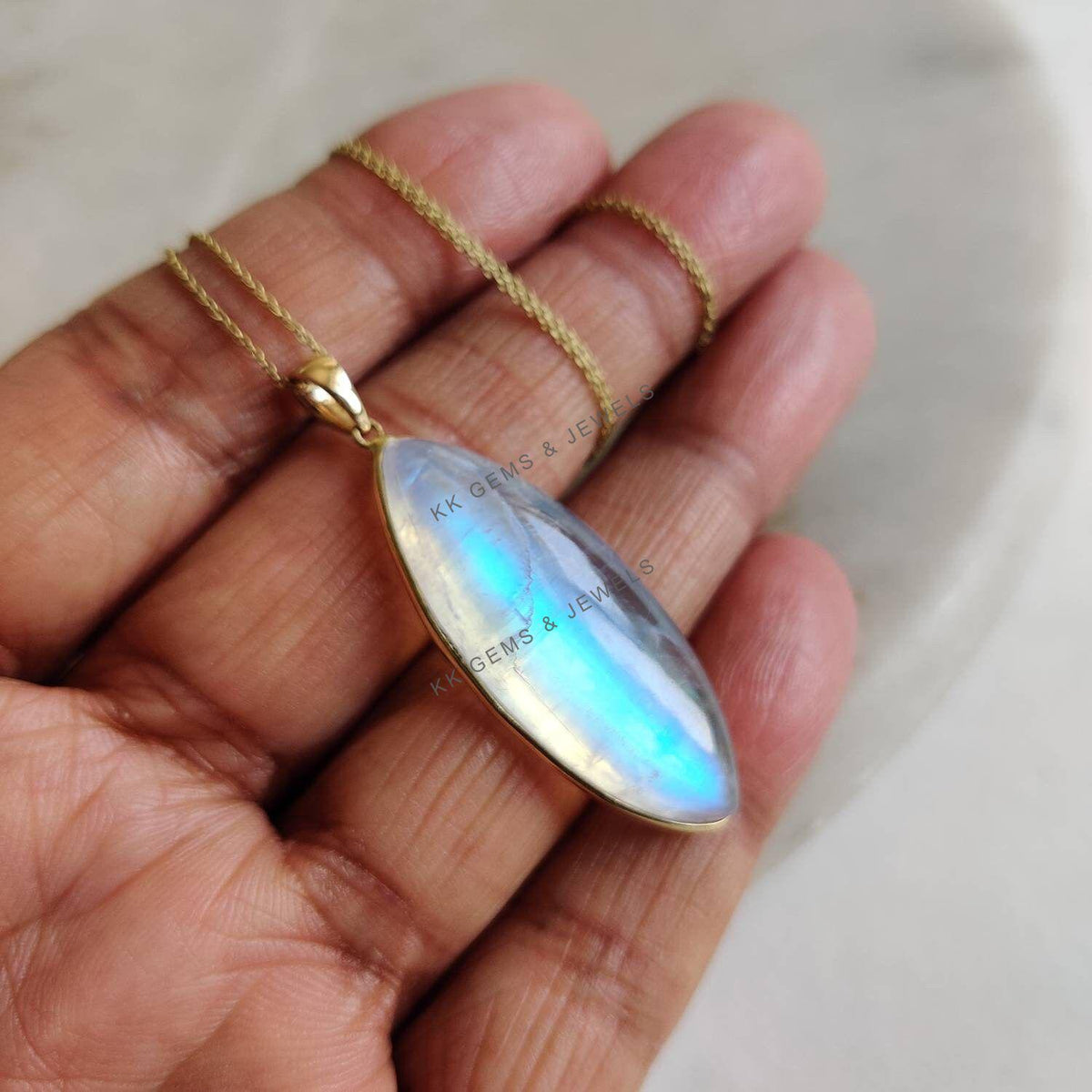 Natural Rainbow Moonstone Pendant, 14K Solid Yellow Gold, June Birthstone