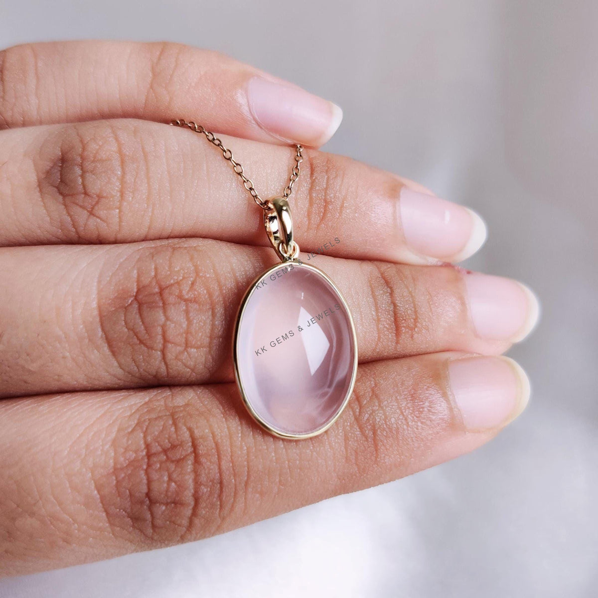 14K Solid Yellow Gold Natural Rose Quartz Pendant, January Birthstone