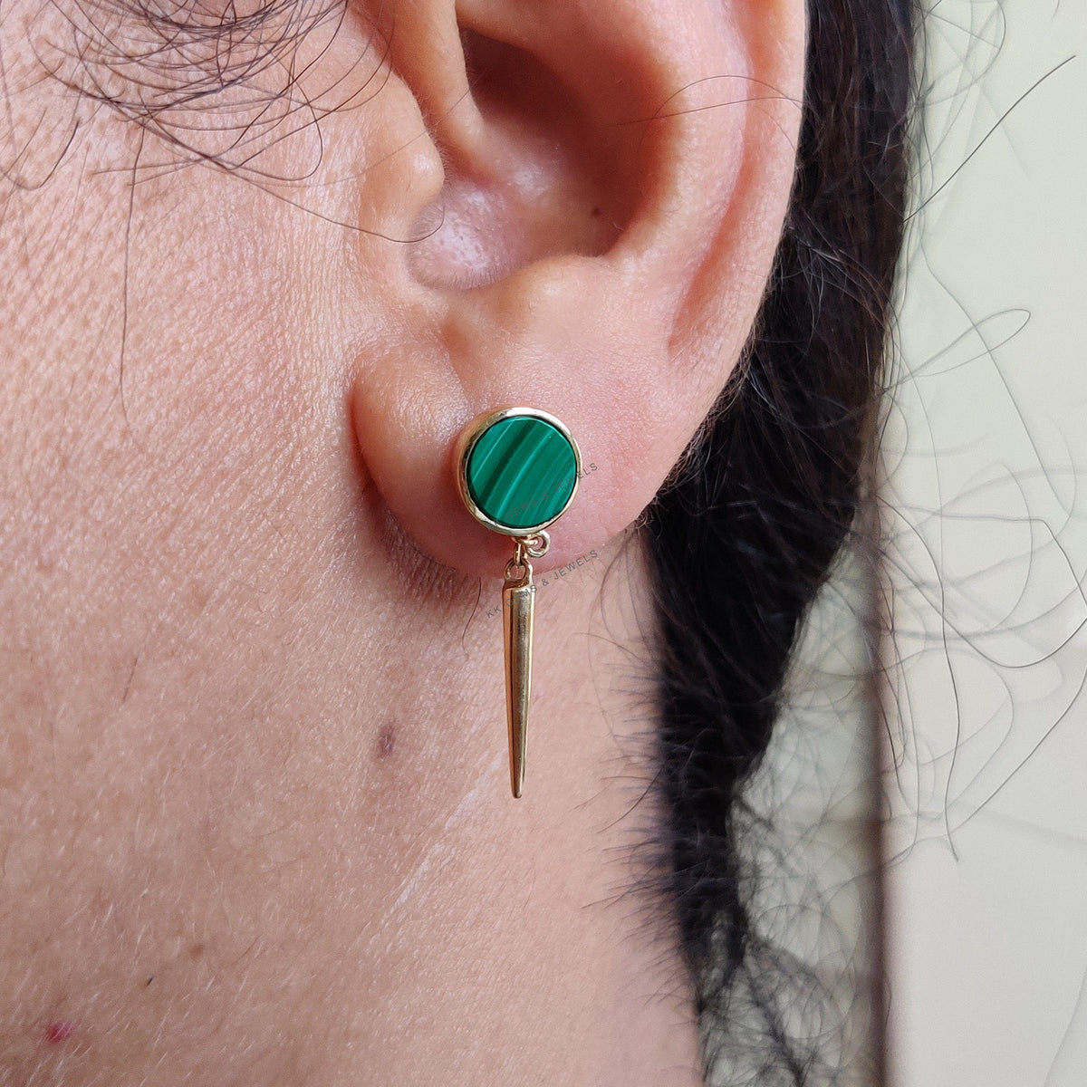14K Solid Yellow Gold Natural Malachite Stud Earrings, May Birthstone Chain Earring