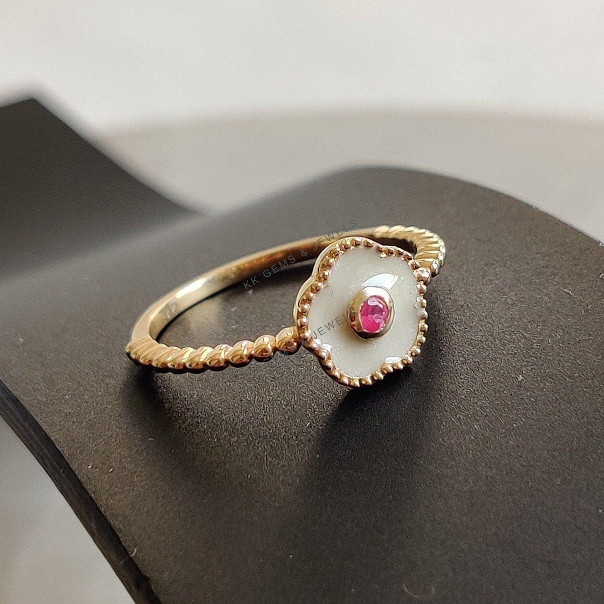 14k Solid Yellow Gold Natural Ruby Ring with White Enamel, July Birthstone