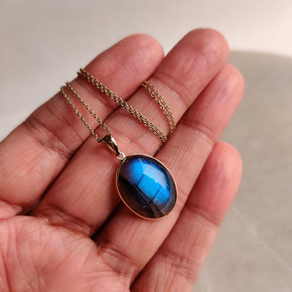14K Solid Gold Natural Labradorite Pendant: Oval Gemstone, November Birthstone