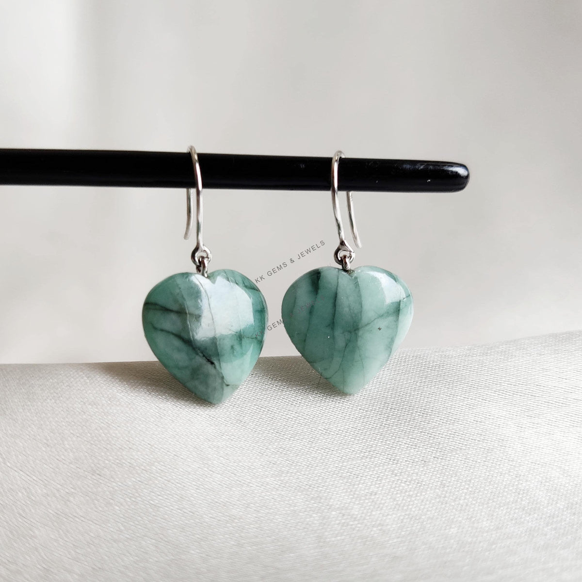 14K Solid White Gold Natural Emerald Heart Earrings, May Birthstone