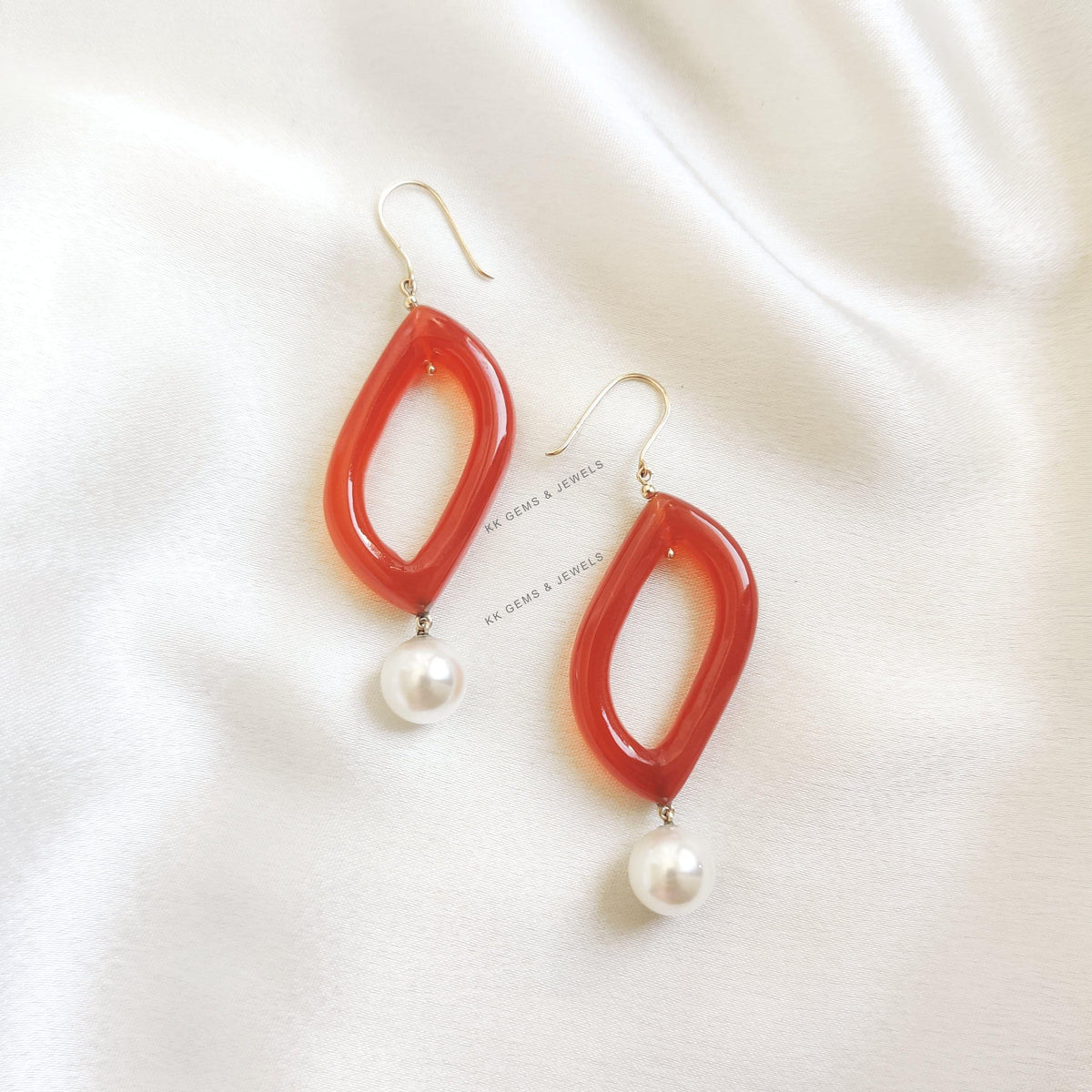 14K Solid Yellow Gold Natural Red Onyx Loop Pearl Drop  Drill Earrings, June July Birthstone