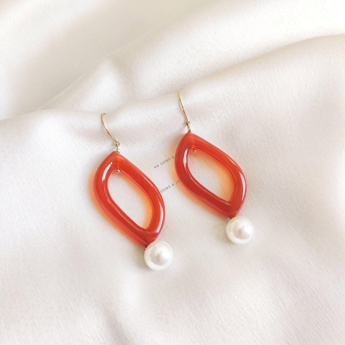 14K Solid Yellow Gold Natural Red Onyx Loop Pearl Drop  Drill Earrings, June July Birthstone