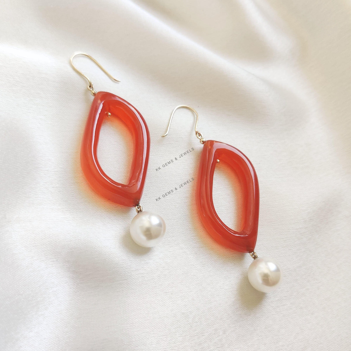 14K Solid Yellow Gold Natural Red Onyx Loop Pearl Drop  Drill Earrings, June July Birthstone