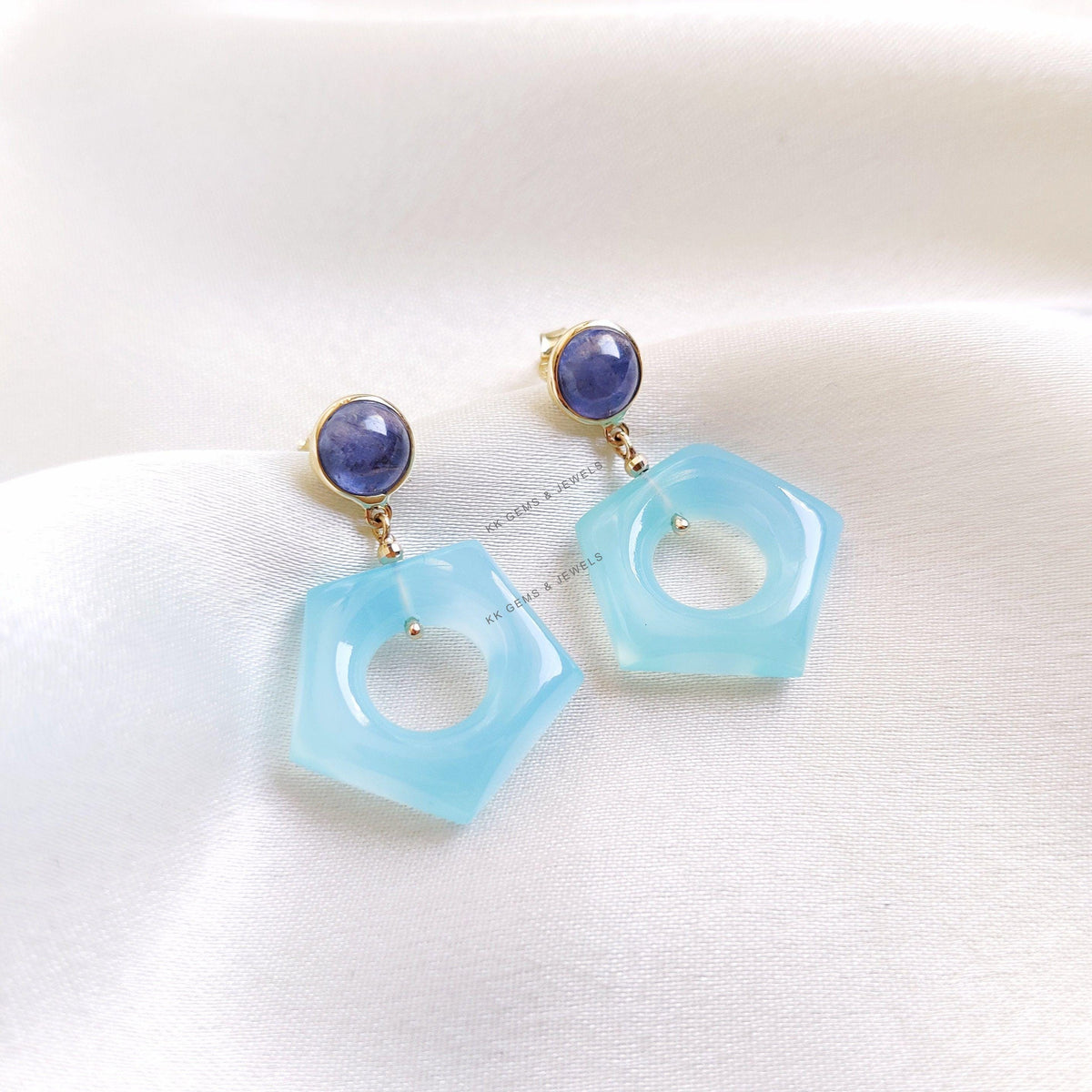 Natural Tanzanite & Blue Chalcedony Loop Earrings, 14K Solid Yellow Gold Gemstone Studs
