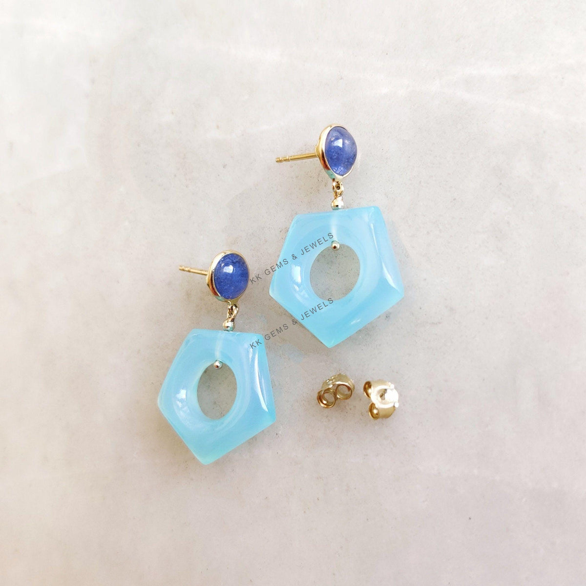 Natural Tanzanite & Blue Chalcedony Loop Earrings, 14K Solid Yellow Gold Gemstone Studs