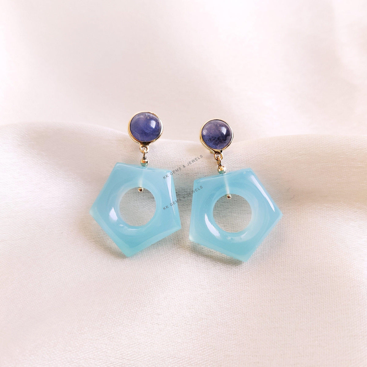 Natural Tanzanite & Blue Chalcedony Loop Earrings, 14K Solid Yellow Gold Gemstone Studs