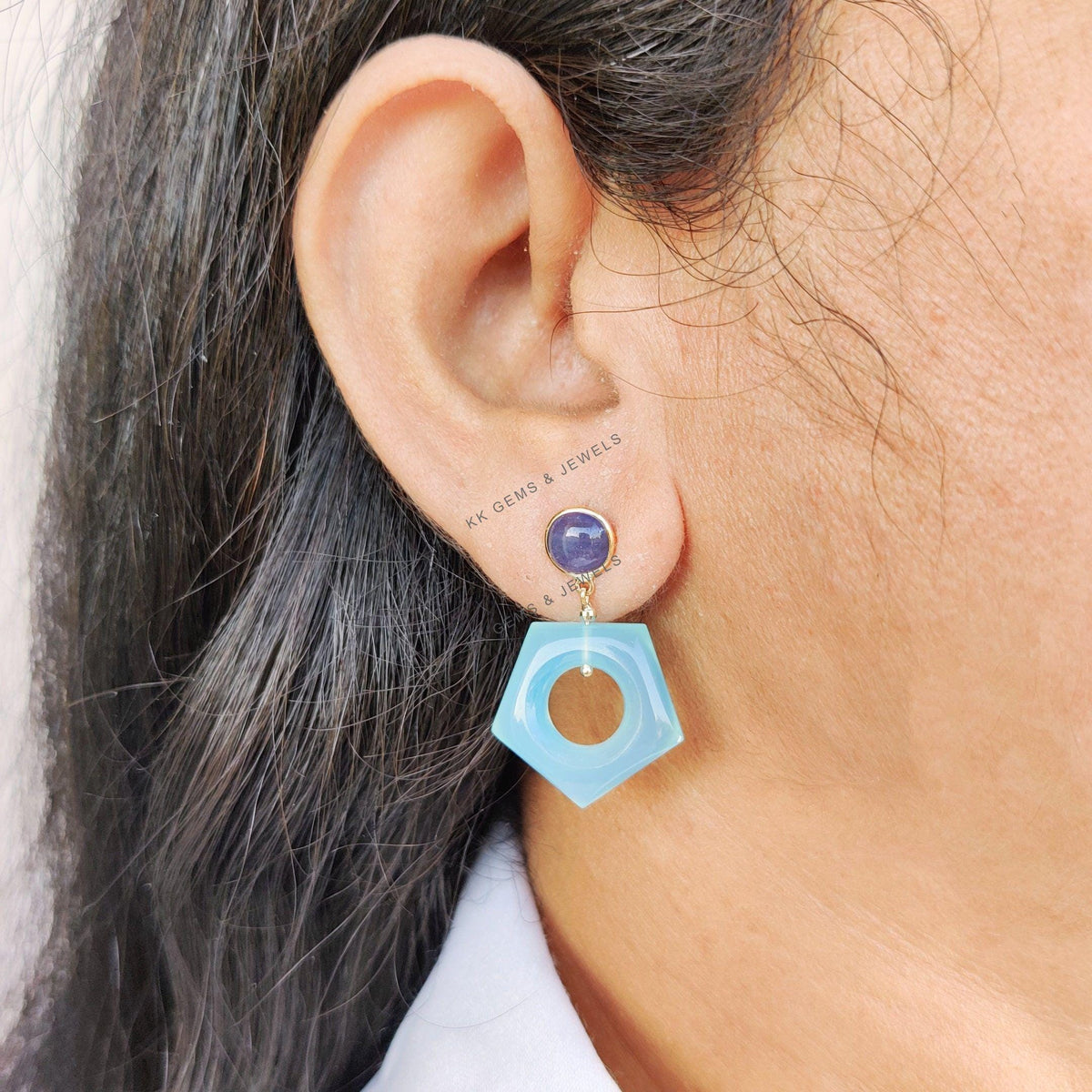 Natural Tanzanite & Blue Chalcedony Loop Earrings, 14K Solid Yellow Gold Gemstone Studs