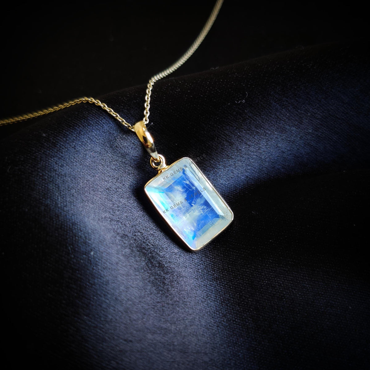 Natural Rainbow Moonstone Pendant, Octagon Pendant, 14K Solid Yellow Gold, June Birthstone
