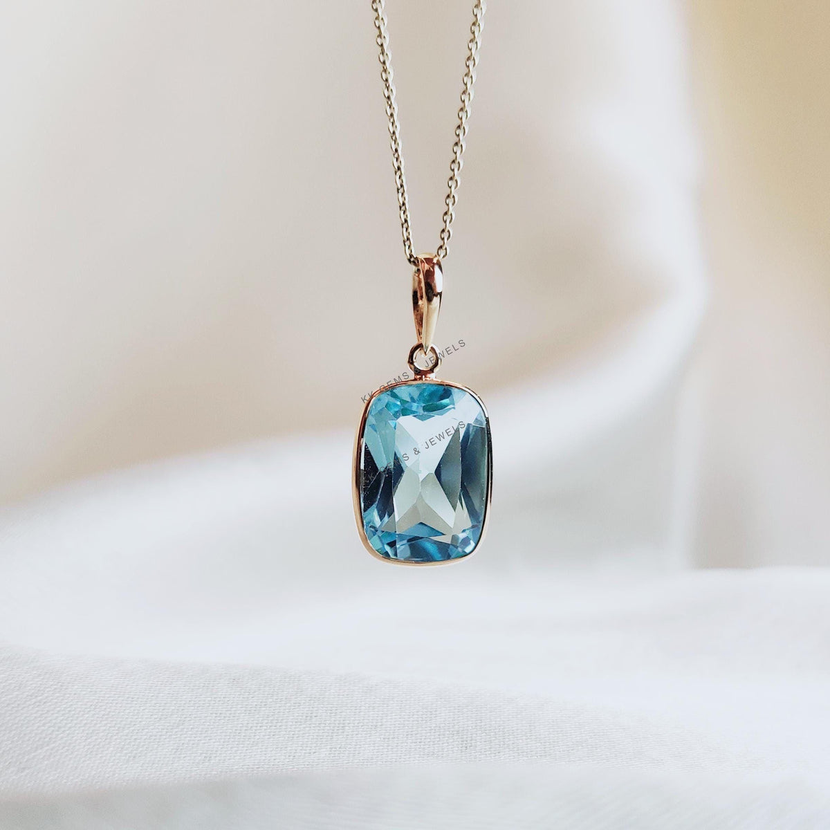 Natural Sky Blue Topaz Bezel Pendant: 14K Solid Yellow Gold December Birthstone
