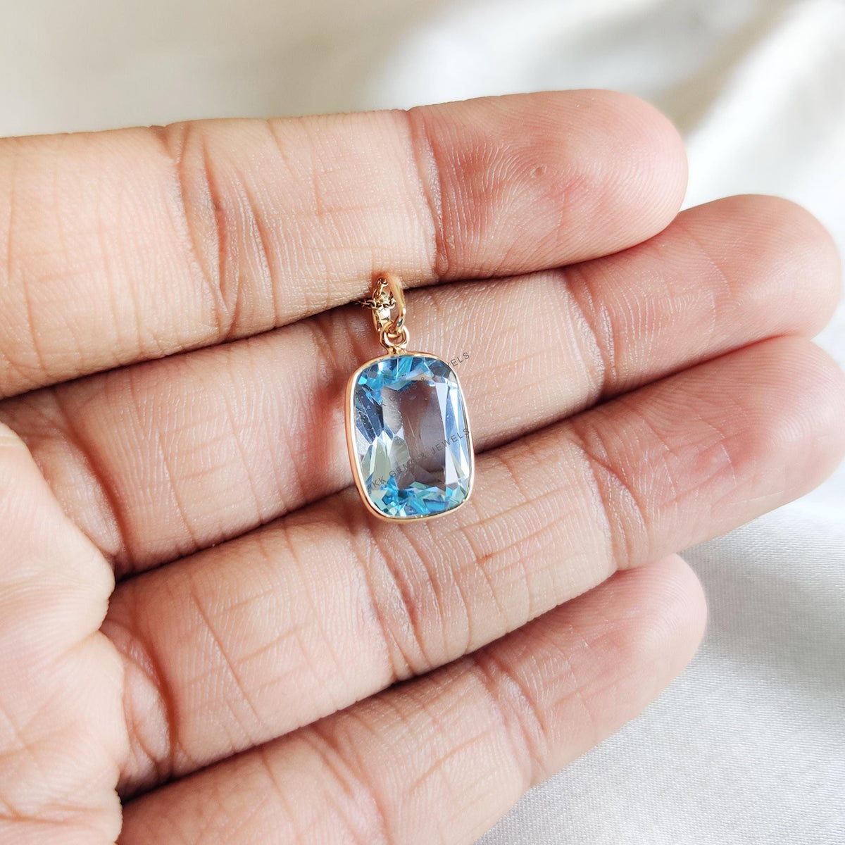 Natural Sky Blue Topaz Bezel Pendant: 14K Solid Yellow Gold December Birthstone