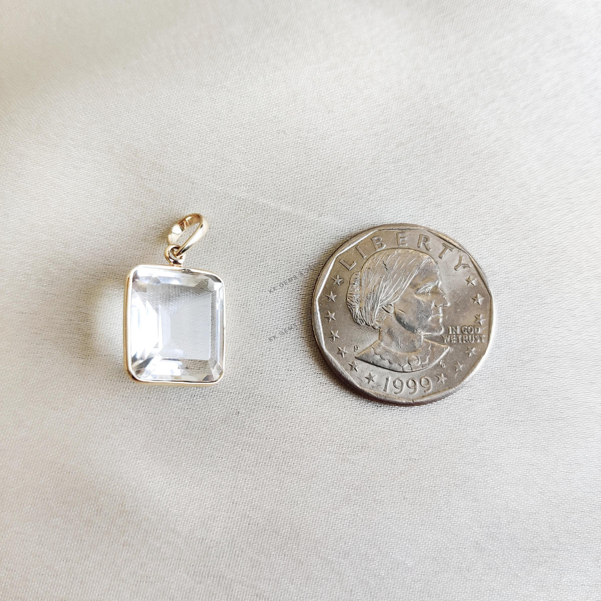 14K Solid Yellow Gold Natural Clear Quartz Pendant, April Birthstone