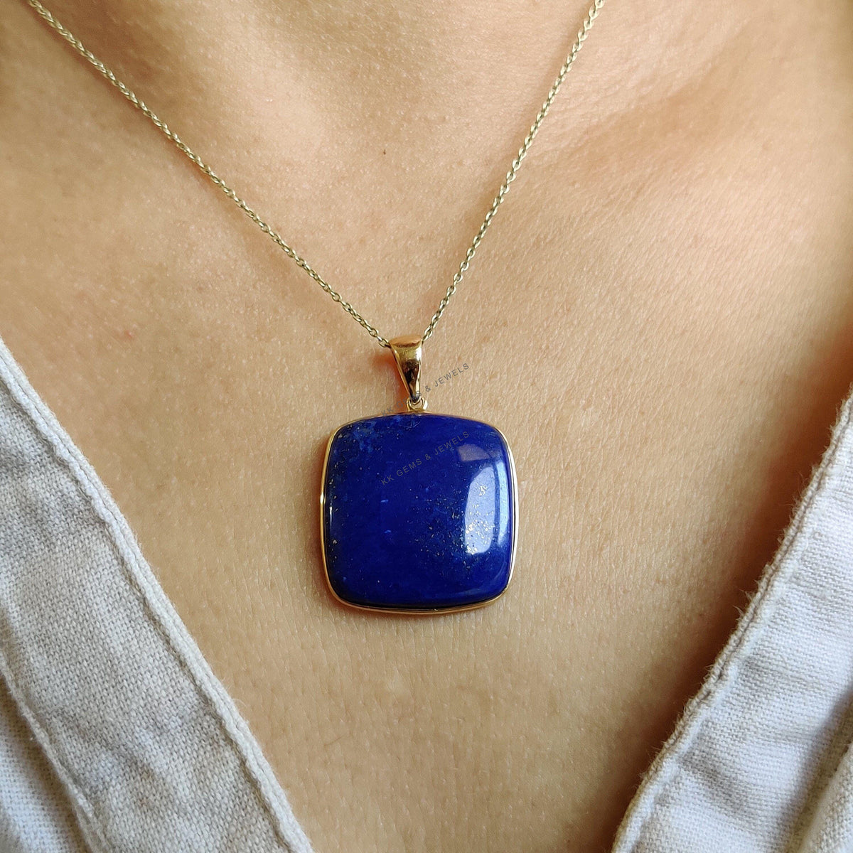 14K Solid GYellow old Natural Lapis Lazuli Pendant, Square Cushion Cabochon, September Birthstone