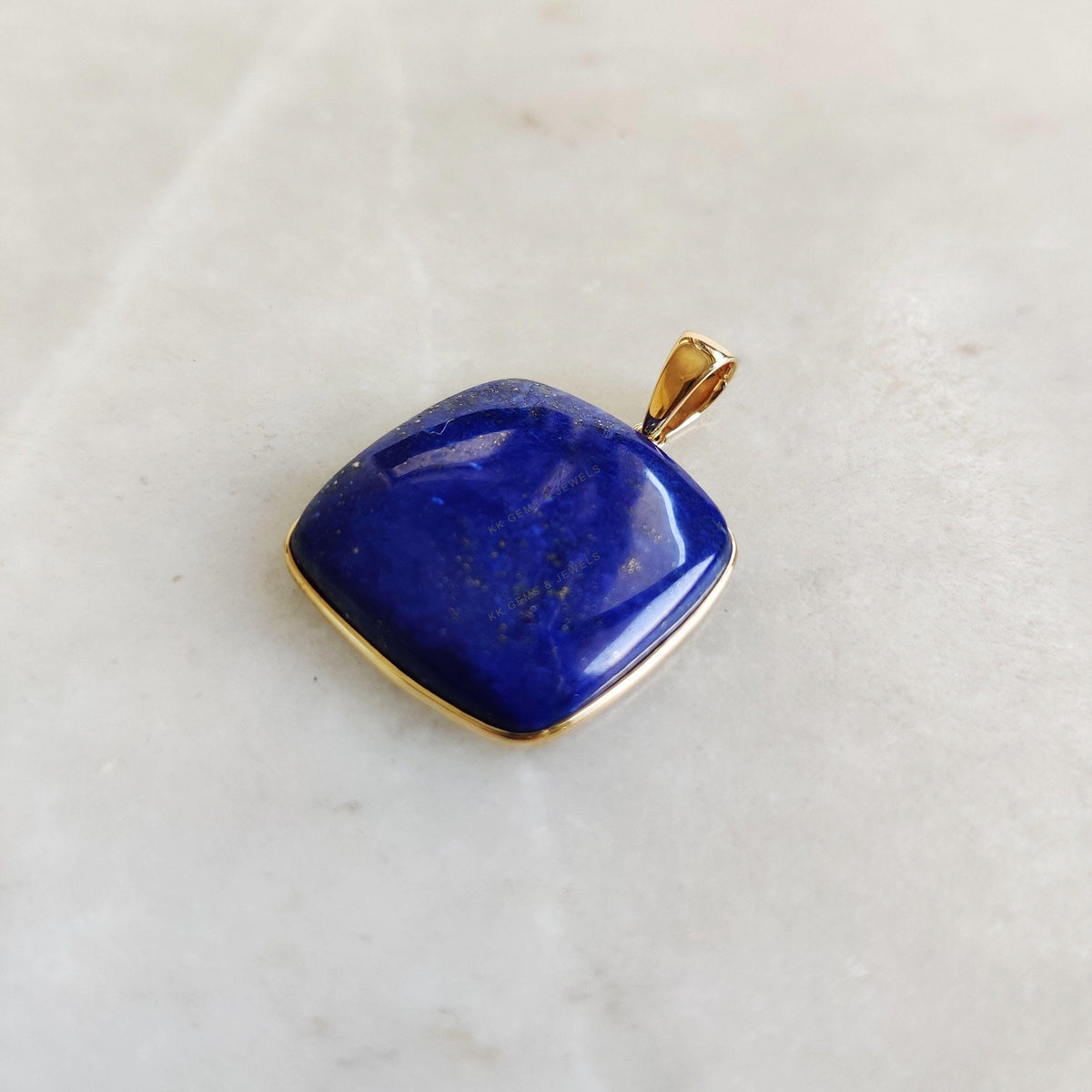 14K Solid GYellow old Natural Lapis Lazuli Pendant, Square Cushion Cabochon, September Birthstone