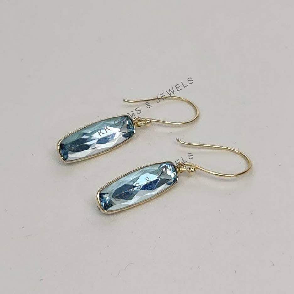 14K Solid Yellow Gold Natural Sky Blue Topaz Bezel Earrings, December Birthstone