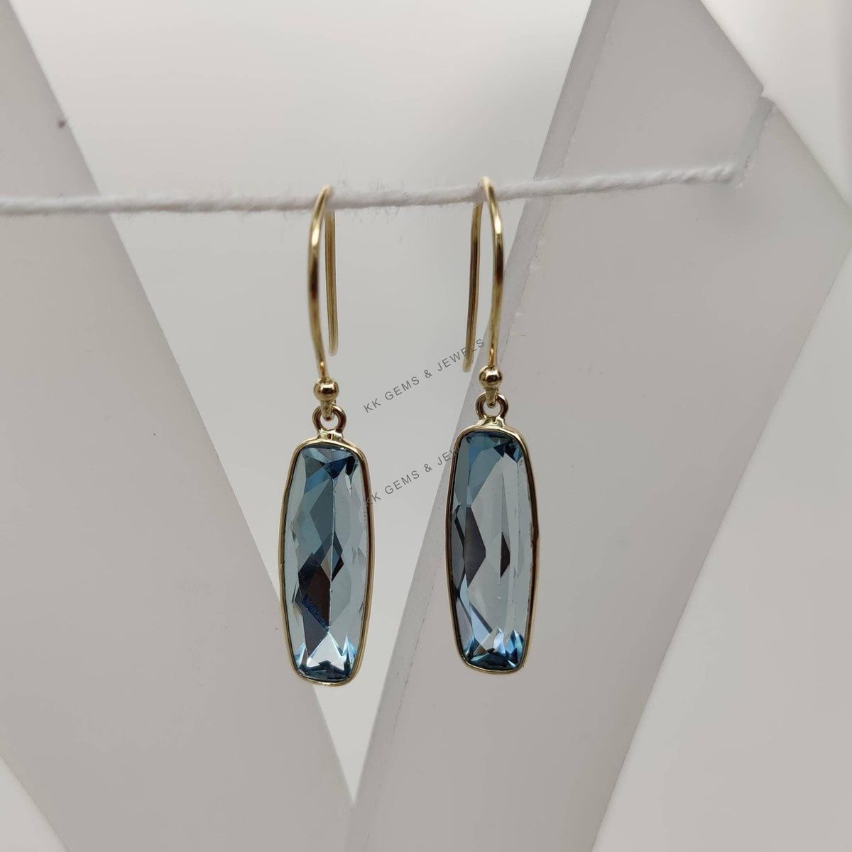14K Solid Yellow Gold Natural Sky Blue Topaz Bezel Earrings, December Birthstone