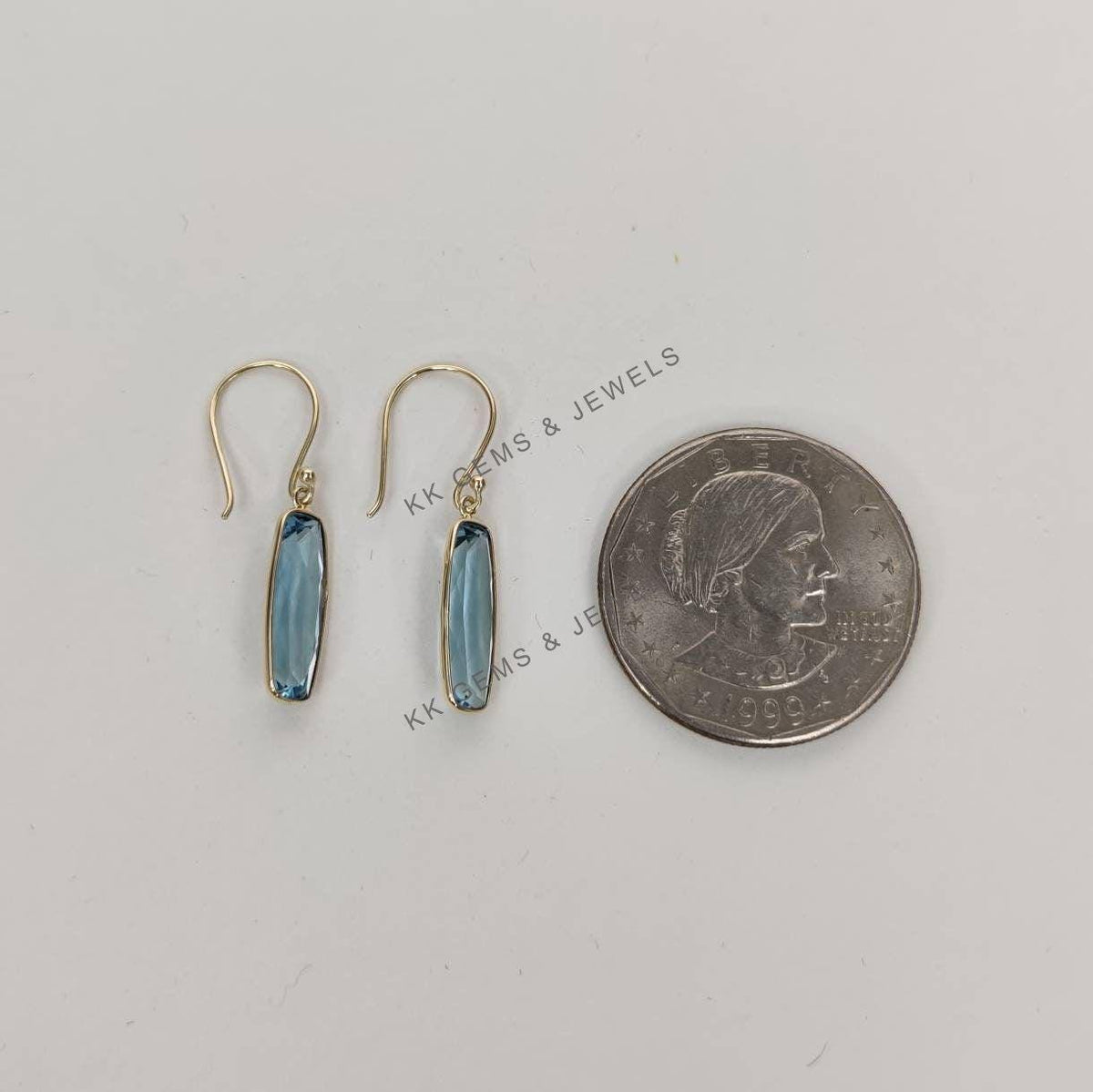 14K Solid Yellow Gold Natural Sky Blue Topaz Bezel Earrings, December Birthstone