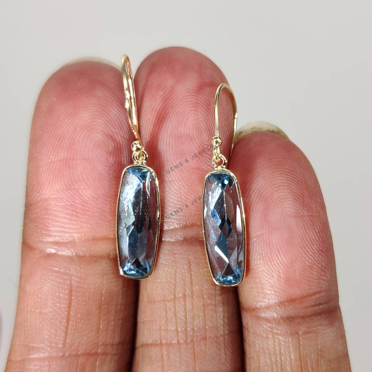 14K Solid Yellow Gold Natural Sky Blue Topaz Bezel Earrings, December Birthstone