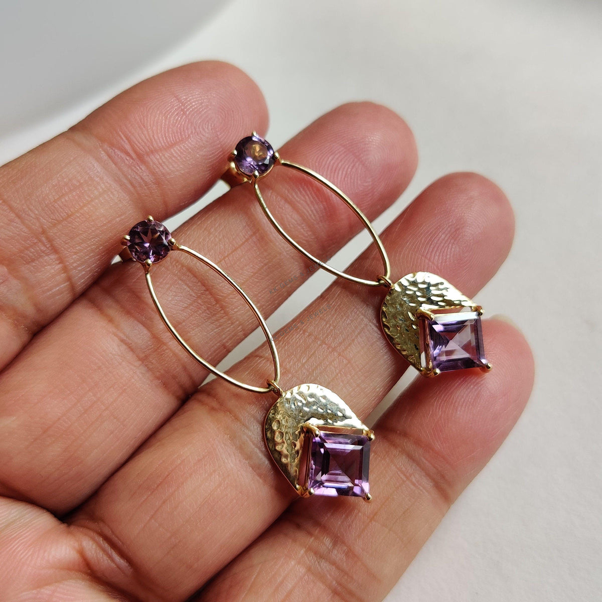 14K Solid Yellow Gold Natural Purple Amethyst Earrings, Square & Round Cut, February Birthstone