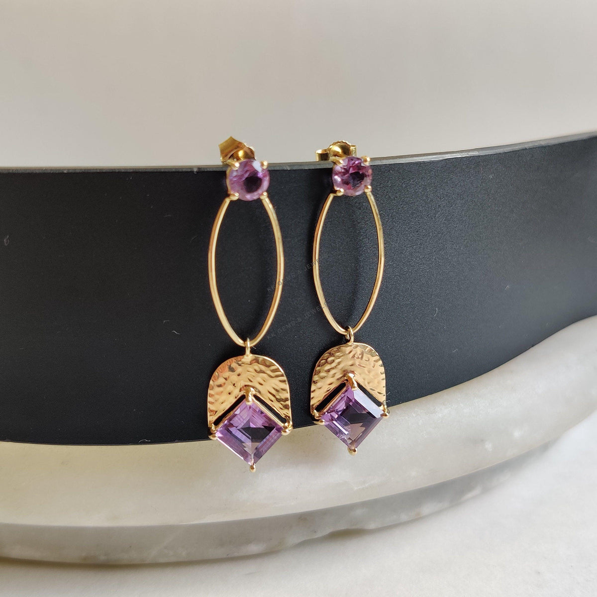 14K Solid Yellow Gold Natural Purple Amethyst Earrings, Square & Round Cut, February Birthstone