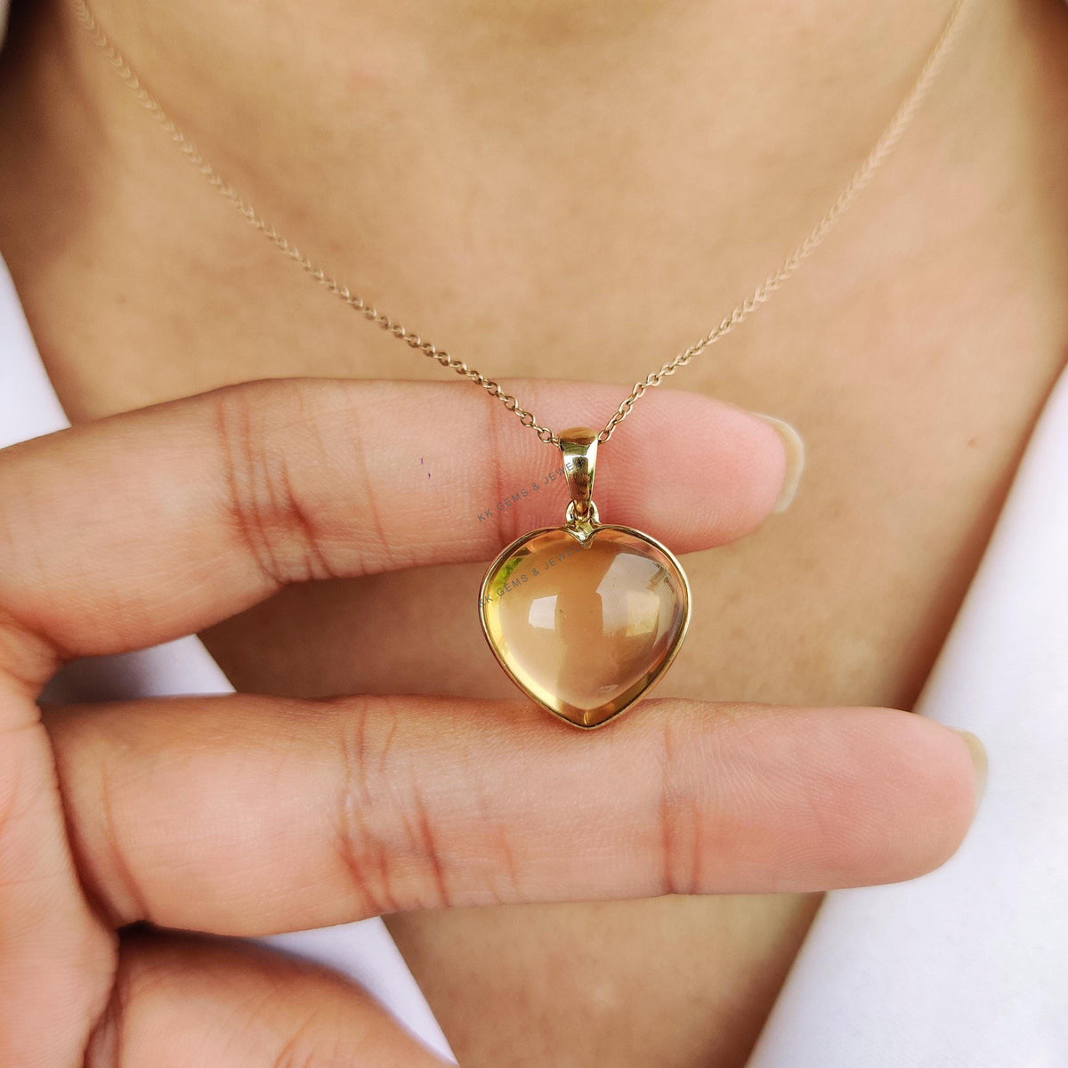 14K Solid Gold Natural Citrine Heart Pendant, November Birthstone Jewelry
