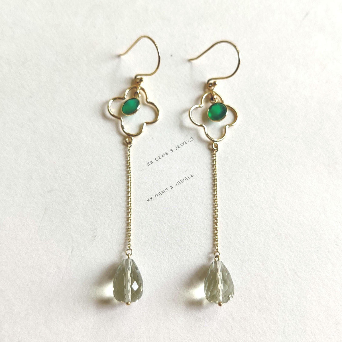 Natural Green Amethyst & Green Onyx 14K Solid Yellow Gold Dangle Earrings, February Birthstone
