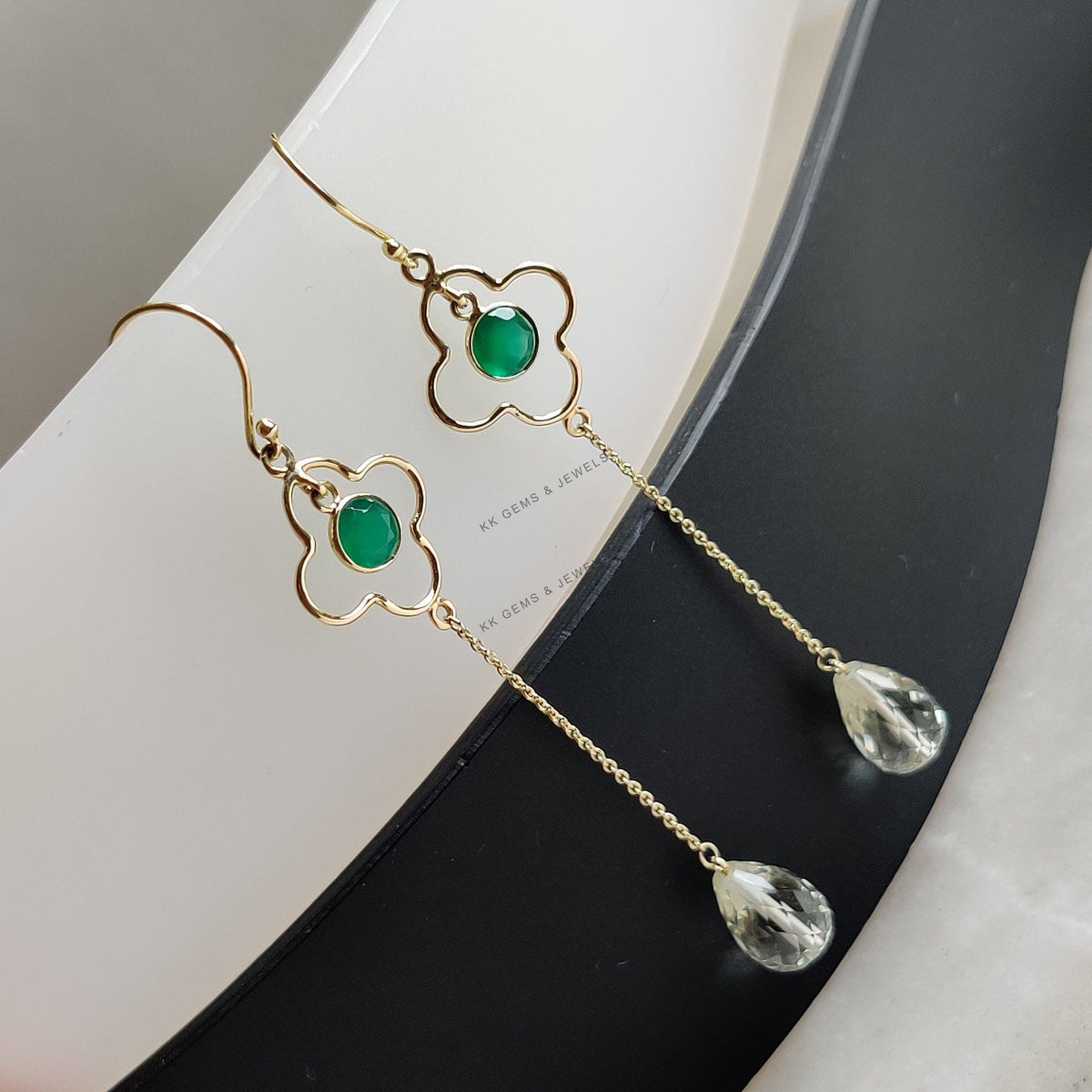Natural Green Amethyst & Green Onyx 14K Solid Yellow Gold Dangle Earrings, February Birthstone