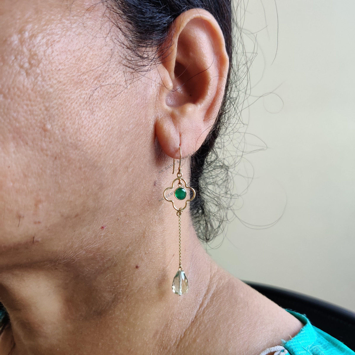 Natural Green Amethyst & Green Onyx 14K Solid Yellow Gold Dangle Earrings, February Birthstone