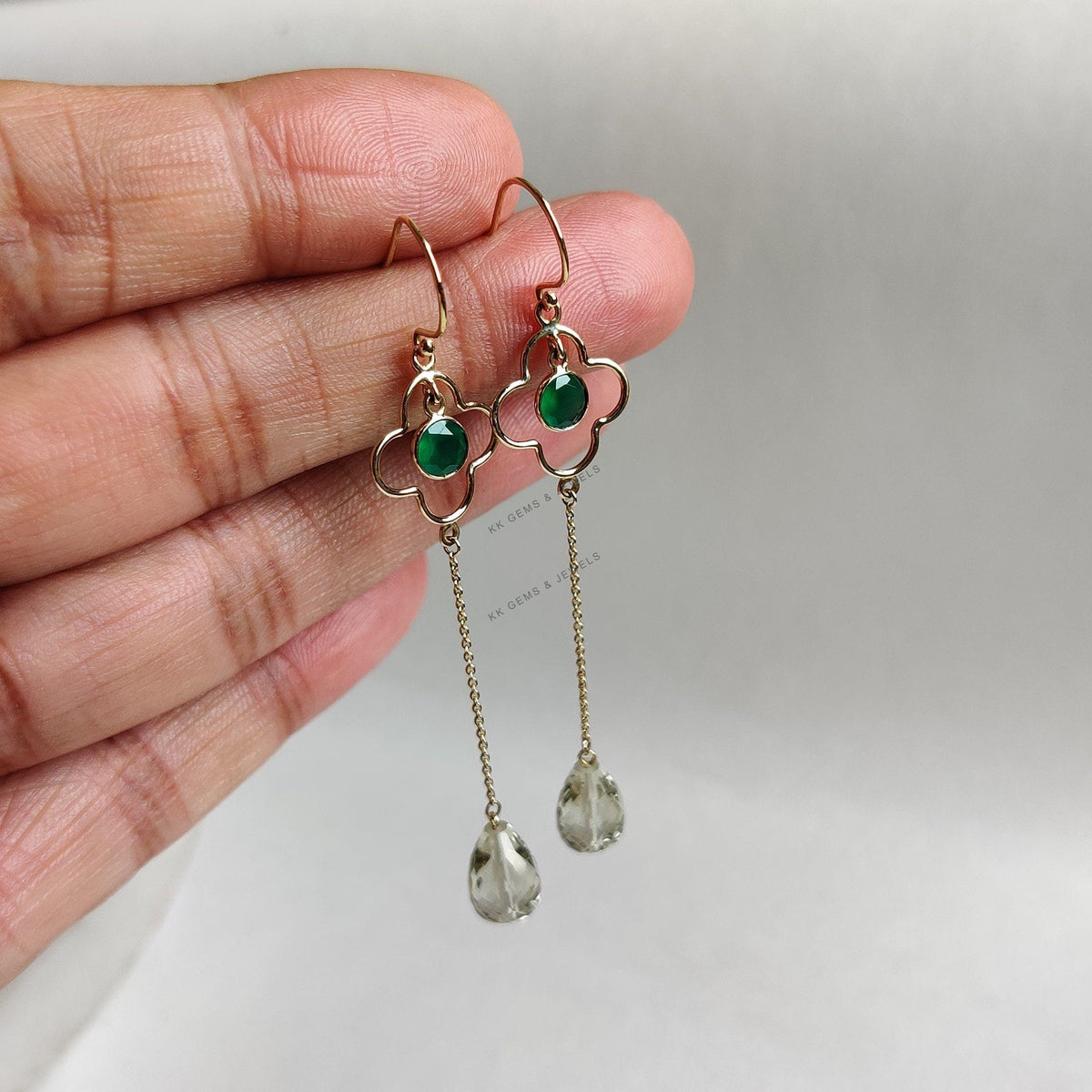 Natural Green Amethyst & Green Onyx 14K Solid Yellow Gold Dangle Earrings, February Birthstone