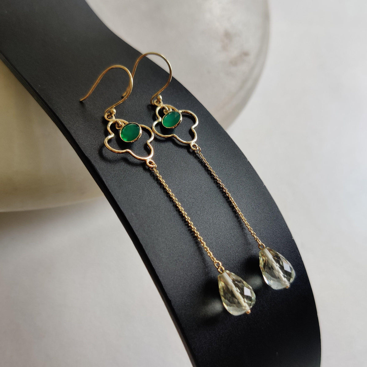 Natural Green Amethyst & Green Onyx 14K Solid Yellow Gold Dangle Earrings, February Birthstone