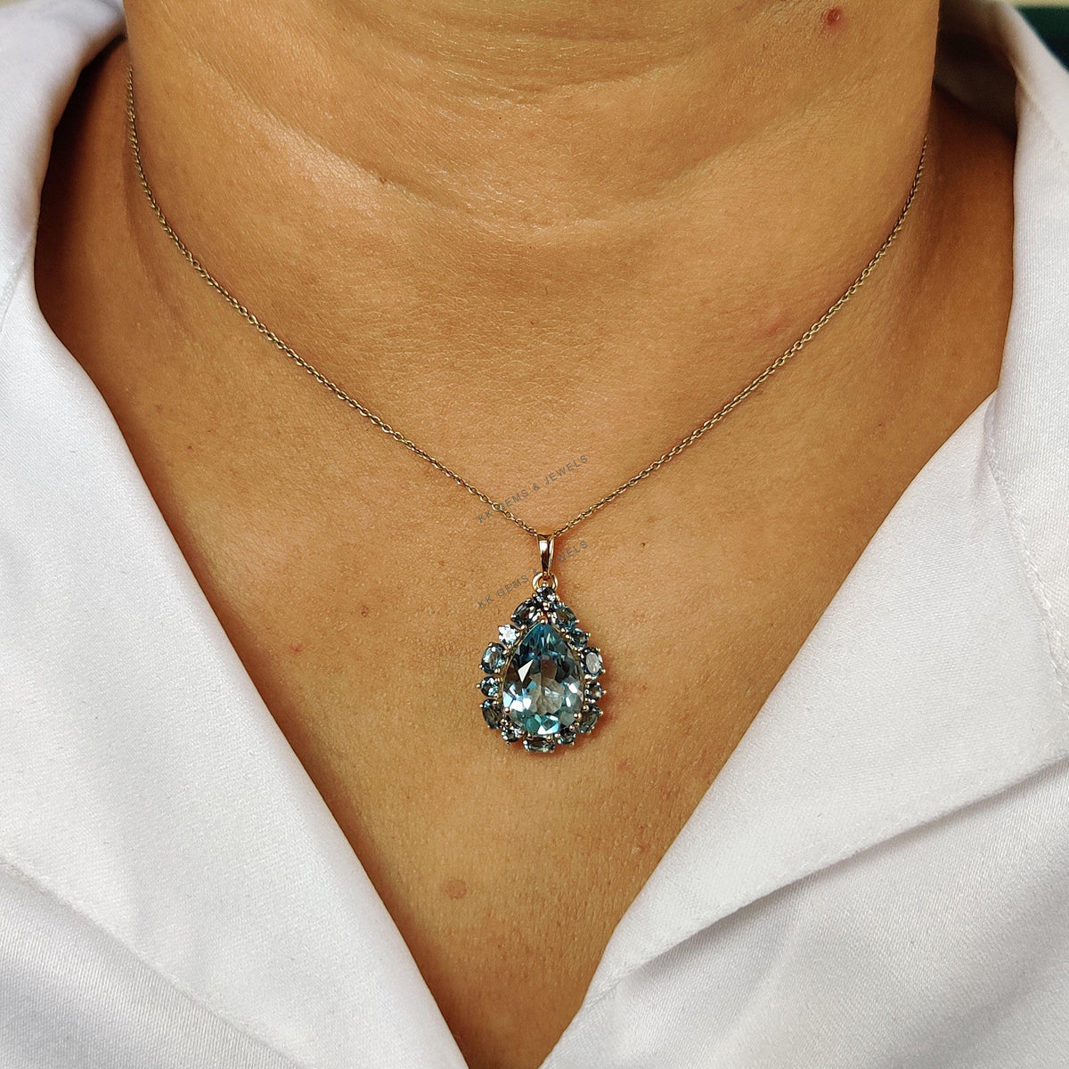 14K Solid Yellow Gold Natural London & Sky Blue Topaz Pendant, December Birthstone