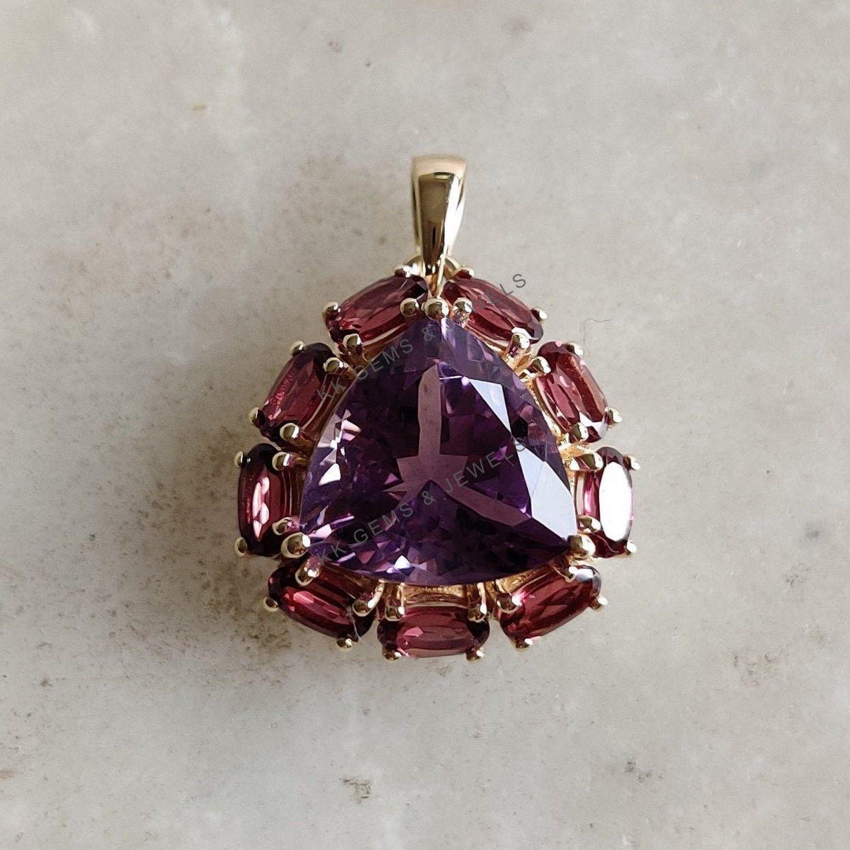 14K Solid Yellow Gold Natural Purple Amethyst & Rhodolite Garnet Pendant, Multi stone Jewelry