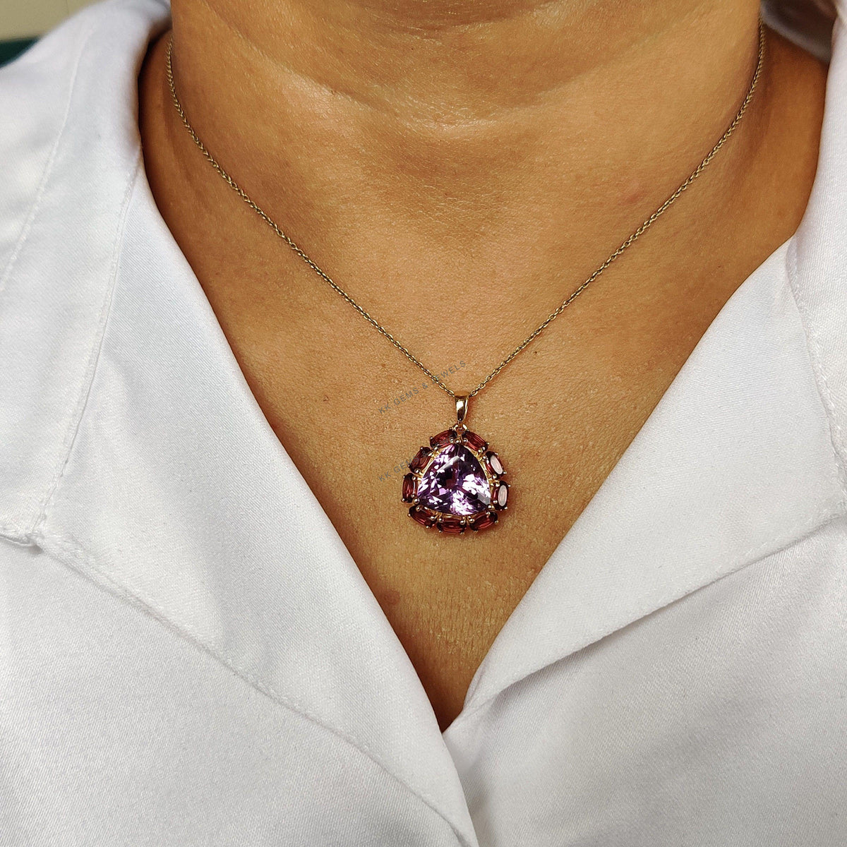 14K Solid Yellow Gold Natural Purple Amethyst & Rhodolite Garnet Pendant, Multi stone Jewelry