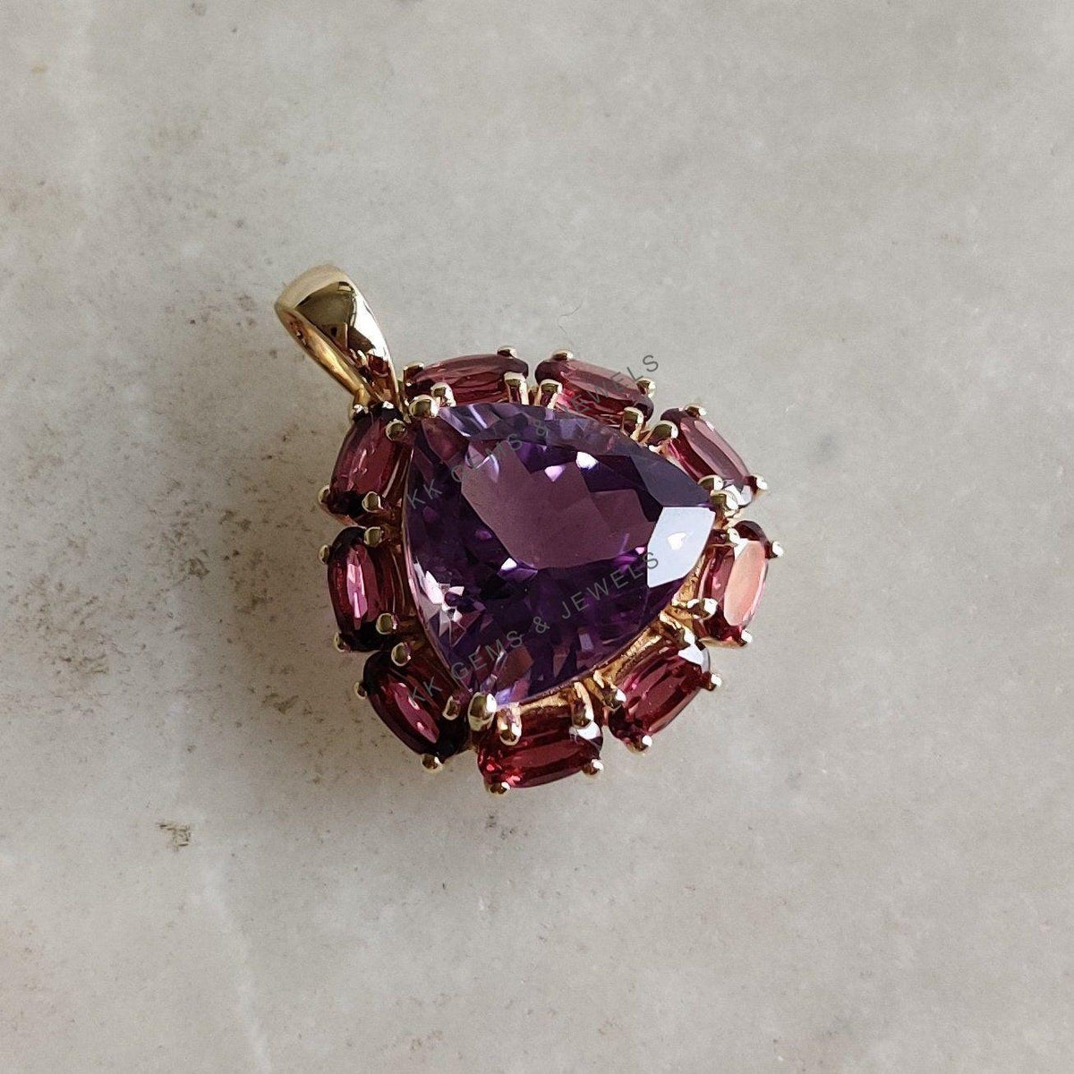 14K Solid Yellow Gold Natural Purple Amethyst & Rhodolite Garnet Pendant, Multi stone Jewelry