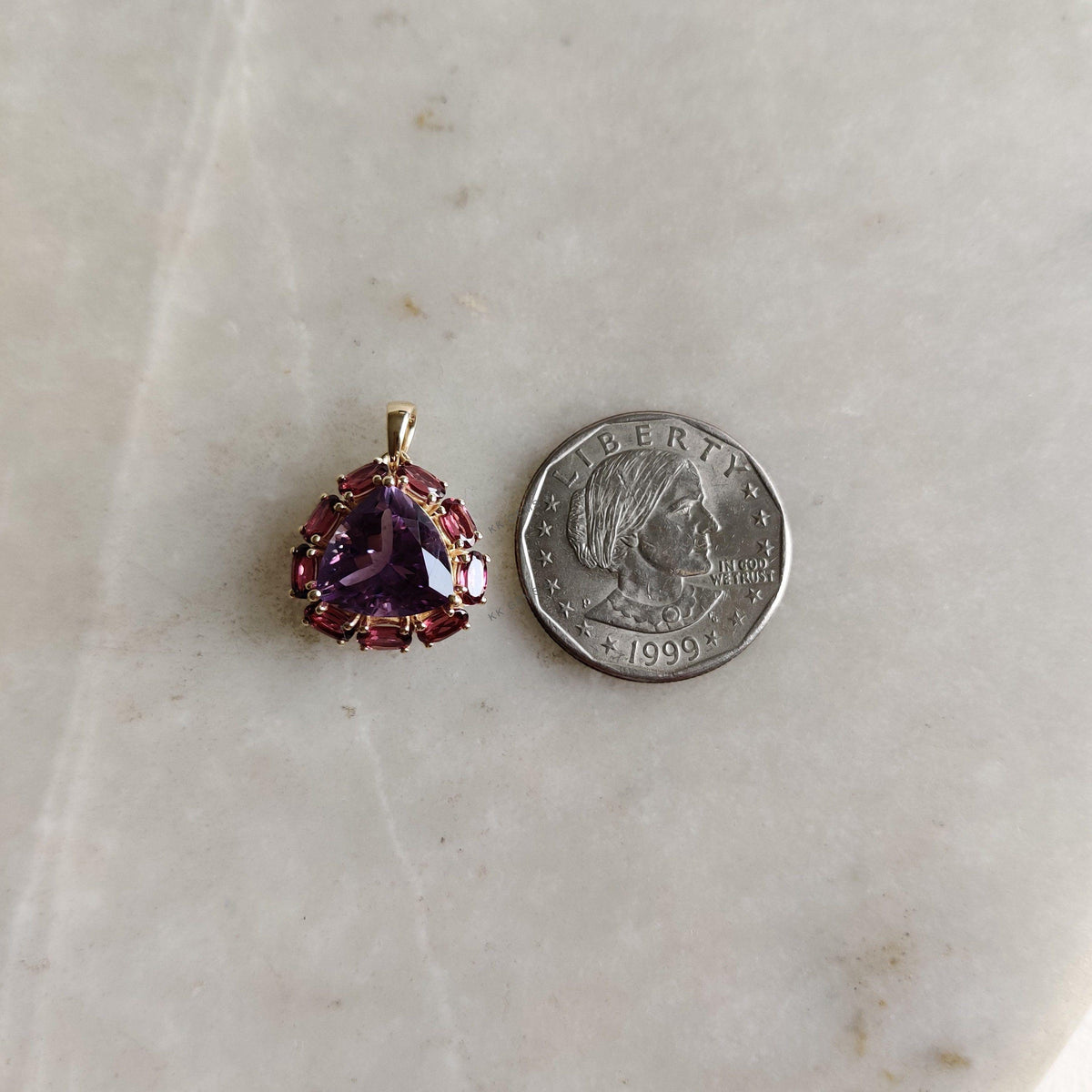 14K Solid Yellow Gold Natural Purple Amethyst & Rhodolite Garnet Pendant, Multi stone Jewelry